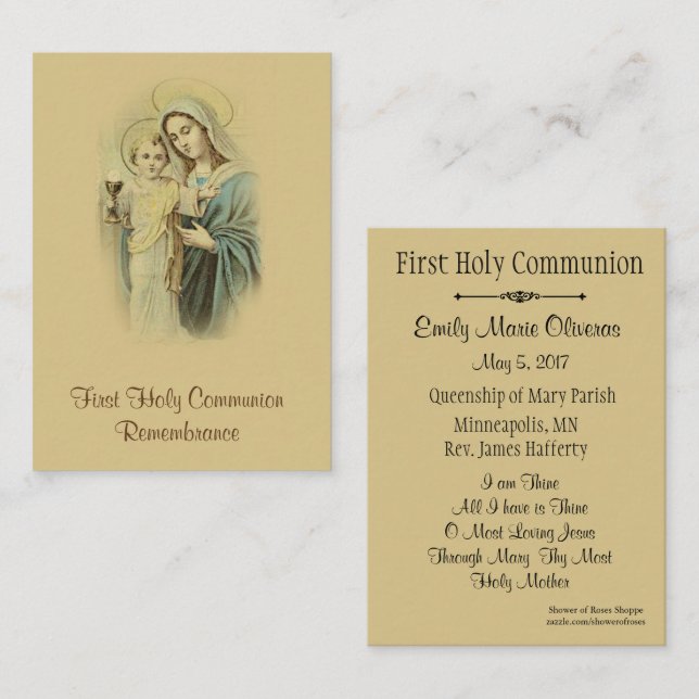 Girl's Catholic Holy Card for First Holy Communion (Front/Back)