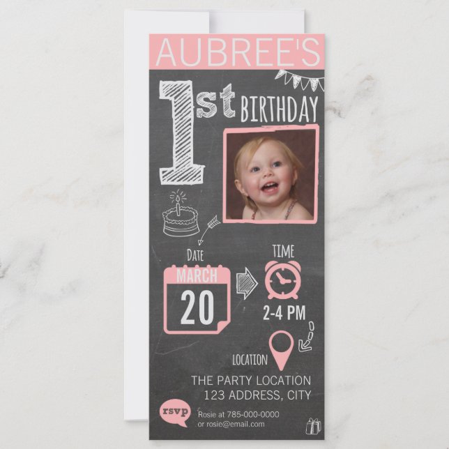 Girl's Chalkboard 1st Birthday Invitation (Front)