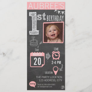 Girl's Chalkboard 1st Birthday Invitation
