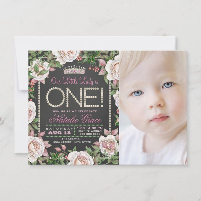 Girls Chalkboard First Birthday Party Invitations (Front)