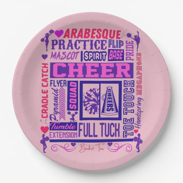 Girls Cheerleading Pink and Purple Word Art   Paper Plate (Front)