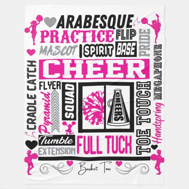 Girls Cheerleading Typography in Black and Pink  Fleece Blanket (Front)