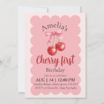 Girls Cherry First Birthday invitation 