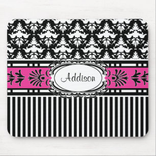 Girl's Chic Paris Damask Retro Pink and Black Mouse Mat