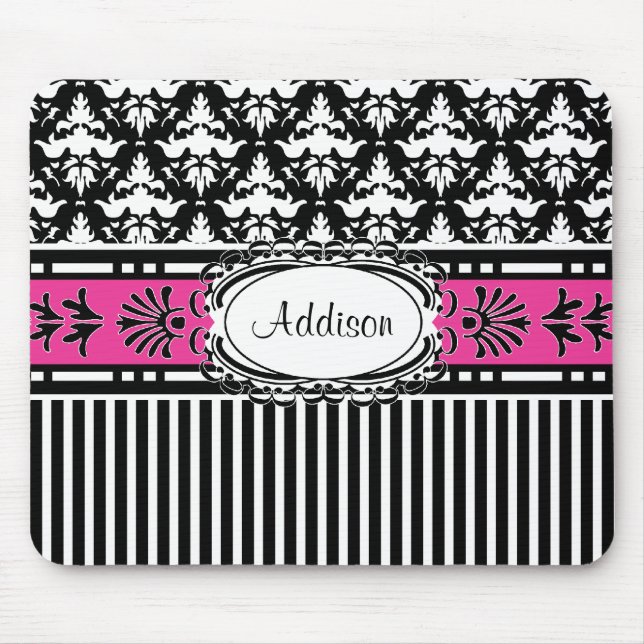 Girl's Chic Paris Damask Retro Pink and Black Mouse Mat (Front)