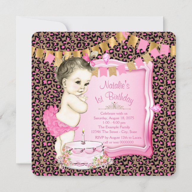 Girls Chic Pink Leopard 1st Birthday Invitation (Front)