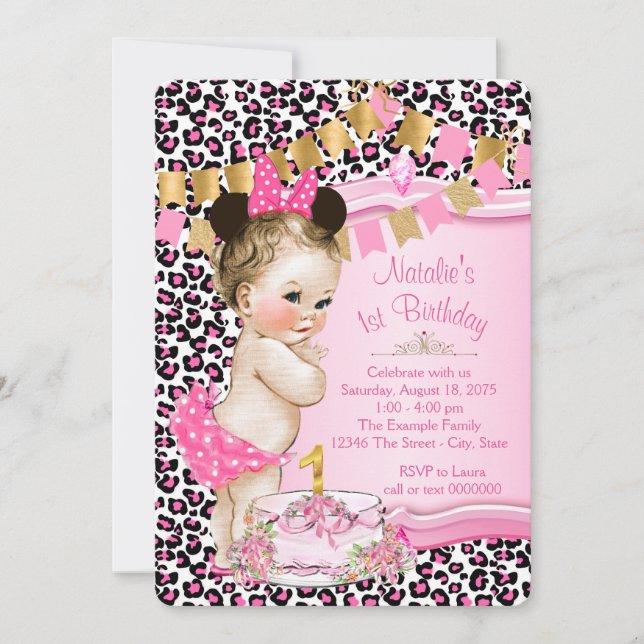 Girls Chic Pink Leopard 1st Birthday Invitation (Front)