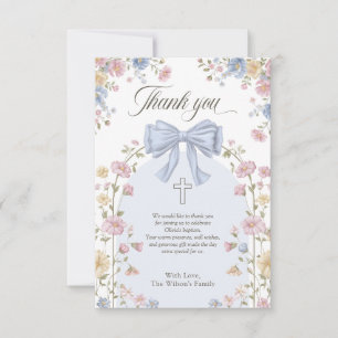 Girl's Christan Baptism Pastel Bow Floral Thank You Card