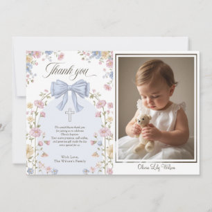 Girl's Christan Baptism Pastel Bow Floral Thank You Card