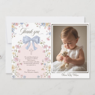 Girl's Christan Baptism Pastel Bow Floral Thank You Card