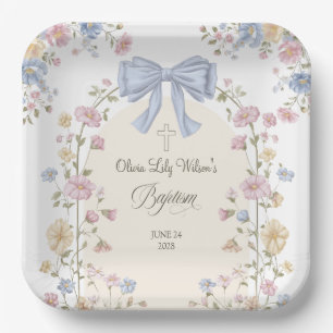 Girl's Christan Baptism Pastel Bow Wildflower Paper Plate