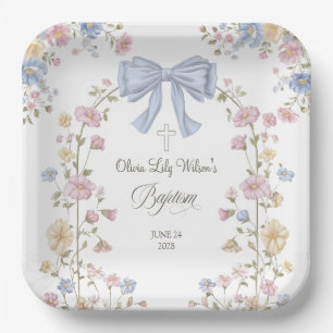 Girl's Christan Baptism Pastel Bow Wildflower Paper Plate