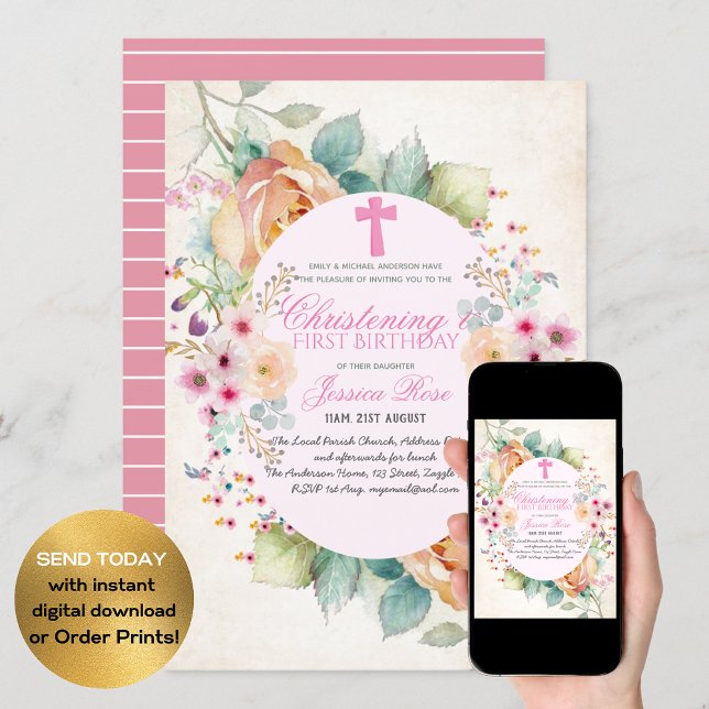 Girls CHRISTENING and 1st BIRTHDAY Girl Floral Invitation (Creator Uploaded)