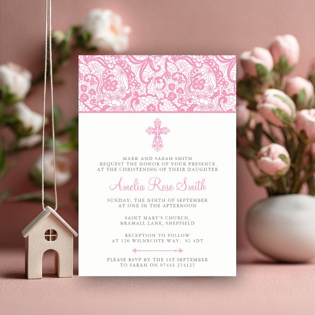 Girls Christening/Baptism Invitation (Graceful and timeless 💕 A pink lace christening invitation for your baby girl’s special day.)