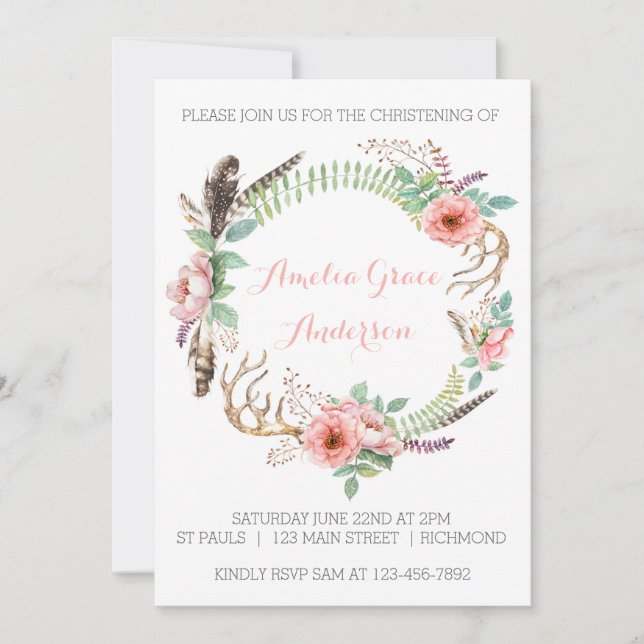 Girls Christening Invitation - Pink Floral (Front)