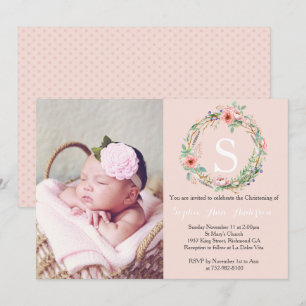 Girls Christening Invitation - Pink Wreath