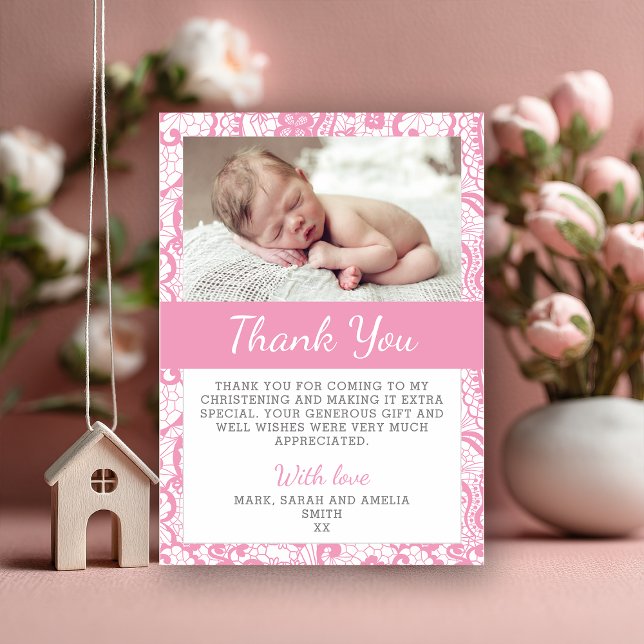 Girls Christening Thank You Card (Say thank you in the sweetest way with this personalized pink floral christening thank-you card feat)
