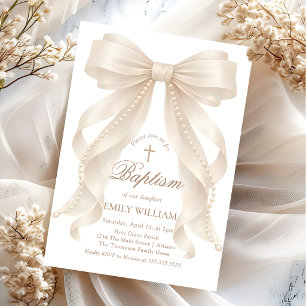 Girl's Christian Baptism Pearl Bow Invitation