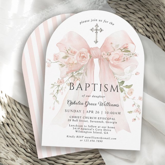 Girl's Christian Baptism Pink Floral Bow Invitation (Available in both printed and instant download digital formats.)
