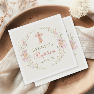 Girl's Christian Baptism Pink Floral Bow Napkin