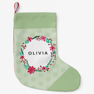 Girls Christmas Cute Flower Wreath & Name Kids Small Christmas Stocking