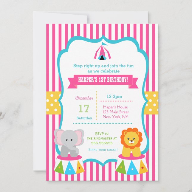 Girls Circus Carnival Birthday Party Invitations (Front)