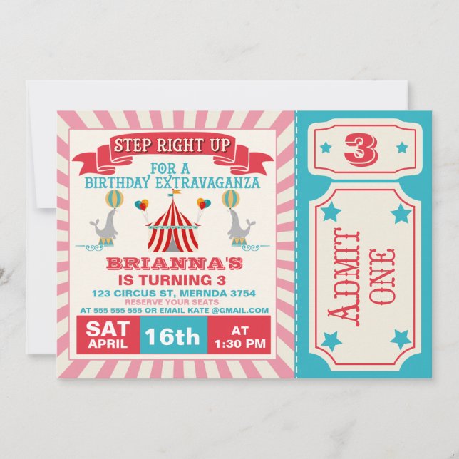 Girls Circus Ticket Birthday Party Invitation (Front)