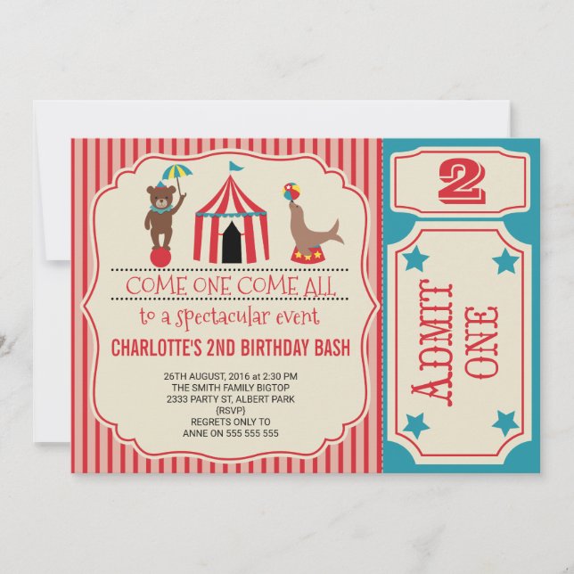 Girls Circus Ticket Birthday Party Invitation (Front)
