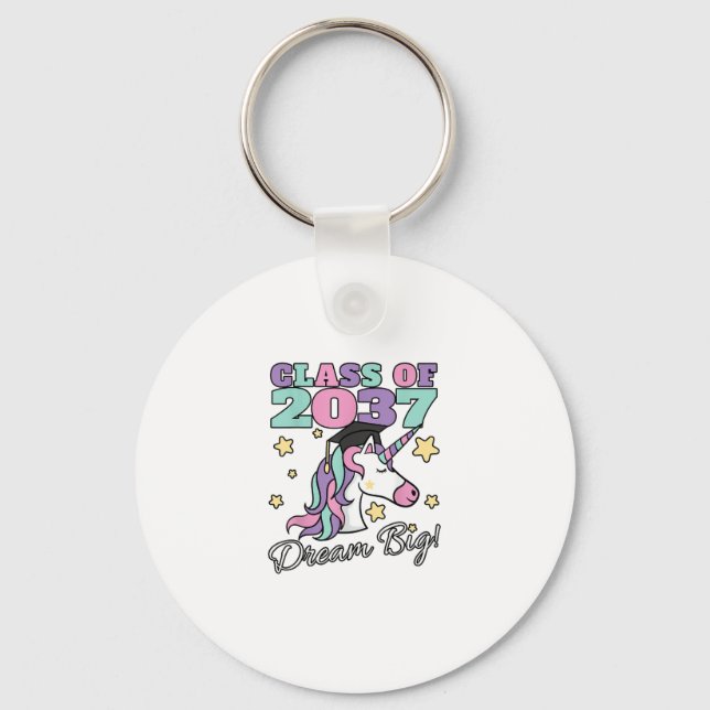 Girls Class of 2037 Magical Unicorn Graduation Cap Key Ring (Front)