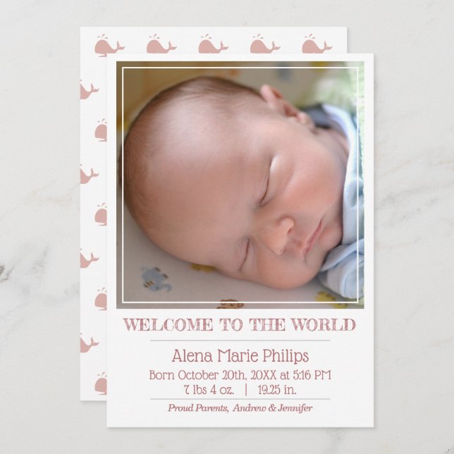Girls Classic Square Photo Simple Birth Announcement (Front/Back)