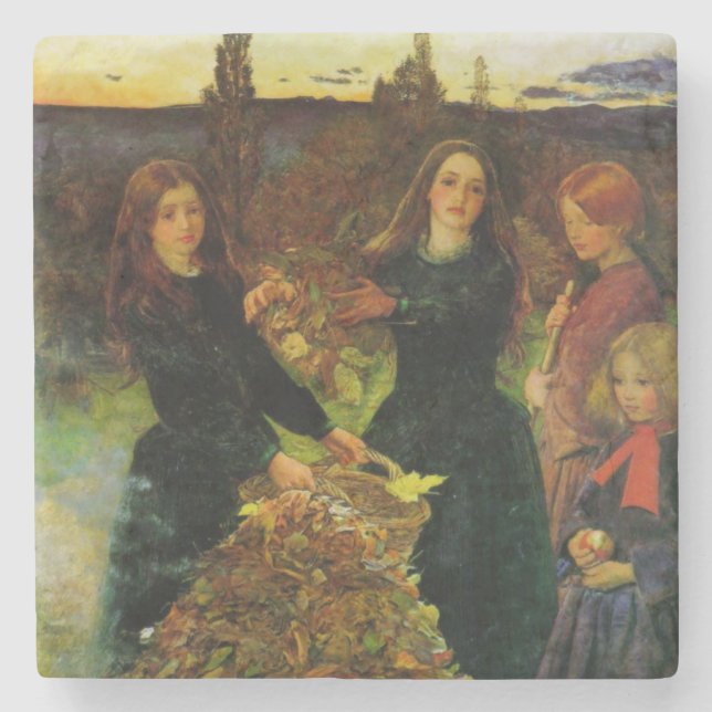 Girls Collecting Autumn Leaves for a Bonfire Stone Coaster (Front)