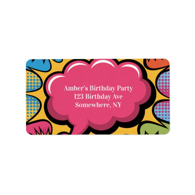 Girls’ Colorful Pop Art Birthday Party Address Label (Front)
