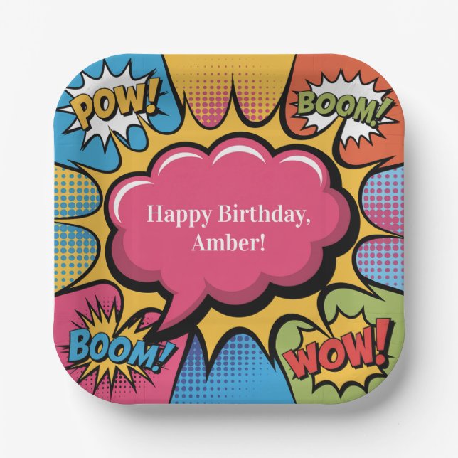 Girls’ Colorful Pop Art Birthday Party Paper Plate (Front)