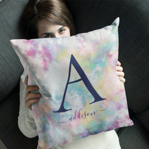 Girl's Colourful Tie-Dye Monogram Name Throw Cushion