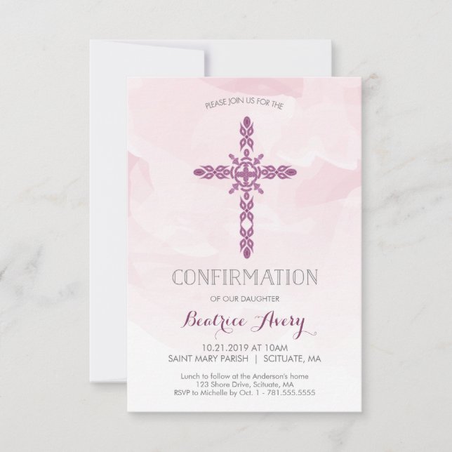Girl's Confirmation Invitation, Cross & Watercolor Invitation (Front)