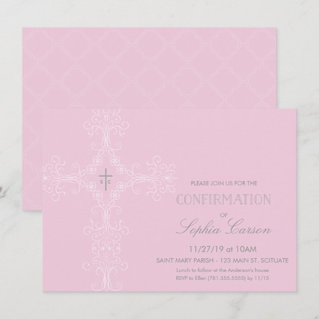 Girl's Confirmation Invitation with Elegant Cross (Front/Back)