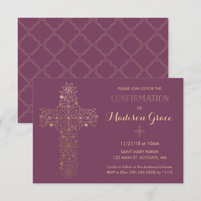 Girl's Confirmation Invitation with Gold Cross (Front/Back)