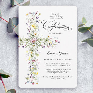 Girl's Confirmation Wildflower Floral Cross Invitation