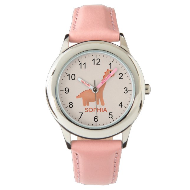 Girls Cool and Cute Pink Dinosaur & Name Watch (Front)