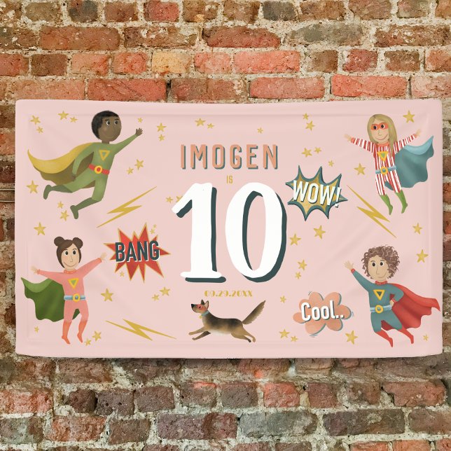 Girls Cool Pink Action Superhero Kids Birthday Banner (Creator Uploaded)