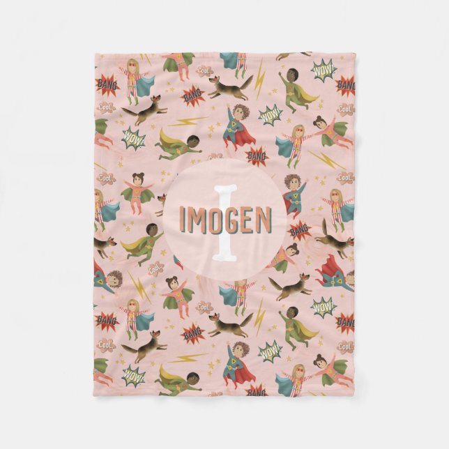 Girls Cool Pink Superhero Kids Fleece Blanket (Front)