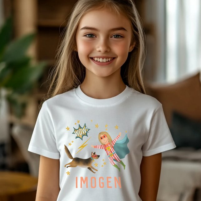 Girls Cool Superhero and Super Dog Kids Comic T-Shirt (Creator Uploaded)