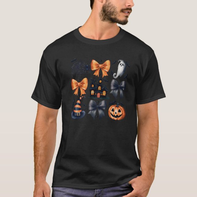 Girls Coquette Spooky Bow Witch Hat Pumpkin Ghost  T-Shirt (Front)