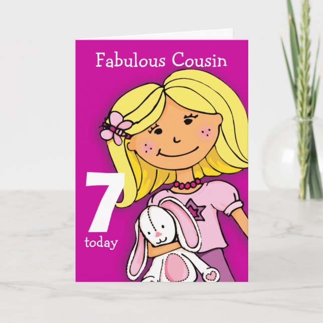 Girls Cousin 7th birthday card girlie purple (Front)