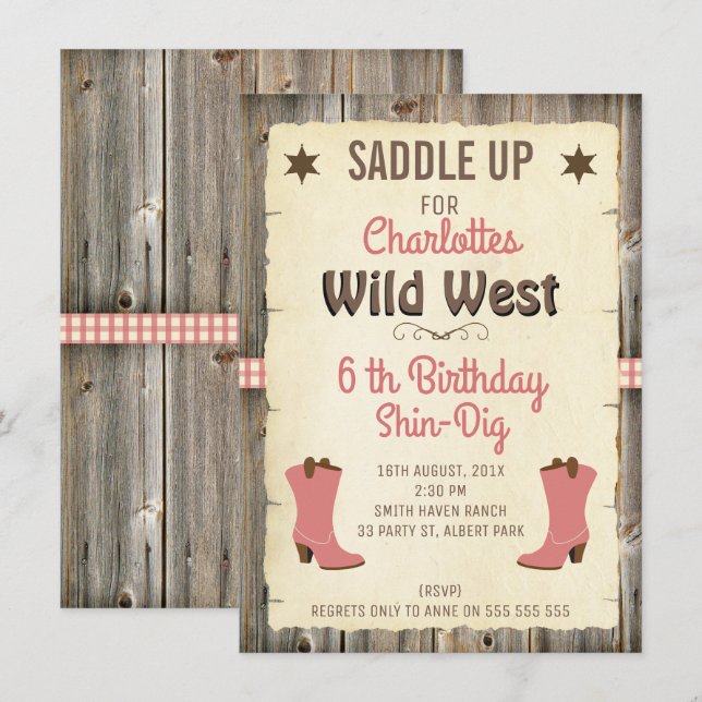 Girls Cowgirl Boots Wild West Birthday Invitation (Front/Back)