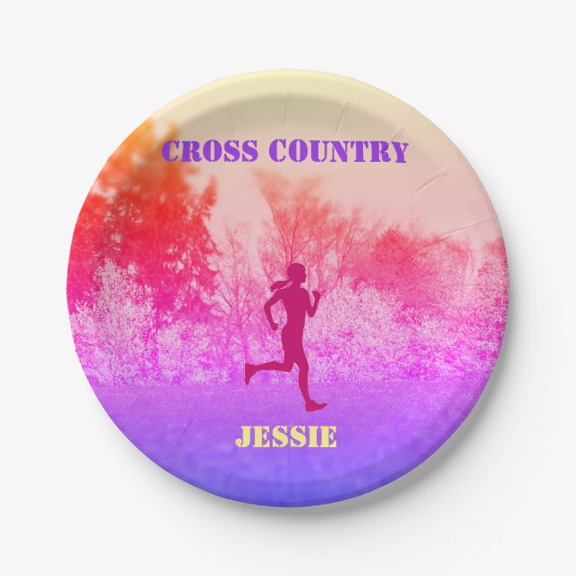 Girls Cross Country Running Rainbow  Paper Plate (Front)
