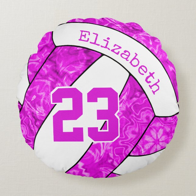 girls custom hot pink fuchsia white volleyball round cushion (Front)