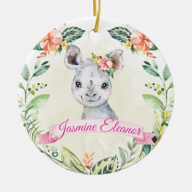 Girls Custom Rhino Safari Animal Cute Holiday Ceramic Tree Decoration (Front)