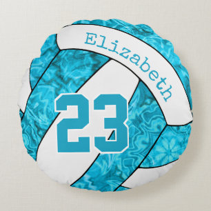 girls custom turquoise blue white volleyball round cushion