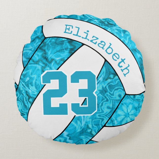 girls custom turquoise blue white volleyball round cushion (Front)